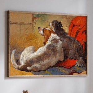A Hound and a Bearded Collie by Frederick Harring – Vintage Dog Art Print | Naturalist Oil Painting Poster Digital Download