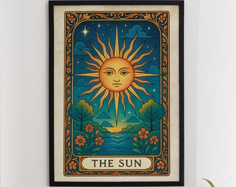 Impressão de Carta de Tarô The Sun | Pôster de Tarô Vintage Místico | Arte de Parede de Astrologia Espiritual | Decoração Boho Ocultista | Download Digital em Alta Resolução