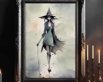 Gruselige Halloween Aquarell dunkle Hexe Wand Dekor Gothic Poster Art Witchy Druck druckbare dunkle Academia Herbst Kunst digitaler Download
