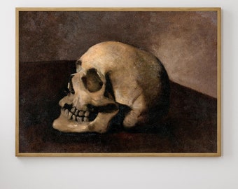 Puede incluir: Una pintura de estilo vintage de un cráneo humano de perfil, representada en tonos marrones y beige, sobre un fondo marrón oscuro.