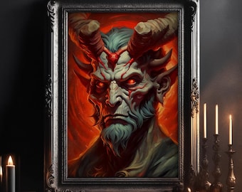 Duivel portret Wall Art Print gotische horror decor kunst donkere Academia poster occulte Halloween muur kunst Lucifer olieverfschilderij digitaal bestand