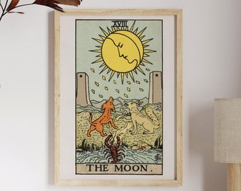 Impresión de la carta del Tarot de la Luna / Arte místico vintage lunar / Decoración astrológica espiritual / Póster de tarot para pared / Archivo de descarga digital