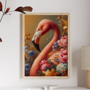 Pink Flamingo Wall Art – Tropical Botanical Animal Print, Eclectic Maximalist Decor, Colourful Floral Poster, Digital Download