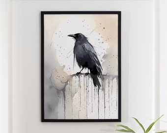 Halloween Print Watercolor Moody Raven Witchy Painting Dark Academia Art Spooky Crow Decor Gothic Wall Art Witch Black Crow PRINTABLE