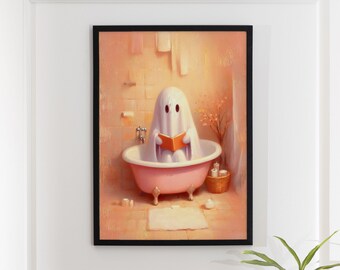 Cute Ghost Reading in Bathtub, Print Home Decor, Dark Academia, Gothic Spooky, Dorm Wall Art, Haunting Ghost, Funny Halloween, Digital File