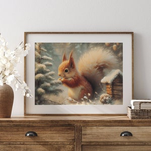 Cute Christmas Red Squirrel with Tree Oil Painting Print Wall Art Xmas Art Wall Hanging Decor Snowy Season Winter Decoration Digital File