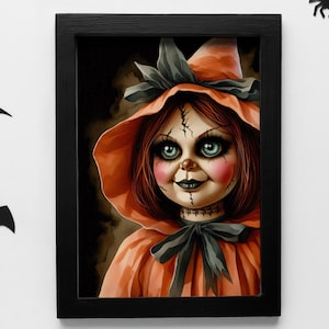 Creepy Orange Halloween Doll, Gothic Halloween wall art, Gothic Home Decor, Haunted Halloween Doll, Gothic Doll, Dark Academia Digital File