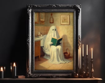 Ghost Reading on Toilet – Funny Spooky Wall Art Print | Dark Academia & Gothic Bathroom Decor | Halloween Digital Download