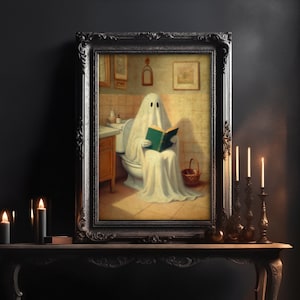 Ghost Reading on Toilet – Funny Spooky Wall Art Print | Dark Academia & Gothic Bathroom Decor | Halloween Digital Download