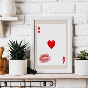 Ace of Hearts Poster – Red Kiss Playing Card Wall Art, Trendy Dorm & Bedroom Decor, Girly Aesthetic Print, Digital Download