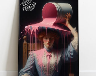 Puede incluir: Una mujer con un vestido vintage está cubierta de pintura rosa que se derrama de un cubo. La pintura gotea por su vestido y su sombrero. La mujer mira hacia abajo con una expresión triste.