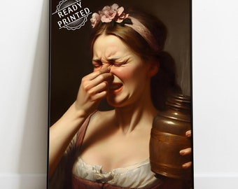 READY PRINTED Bathroom Wall Art Decor, Woman Stink Oil Painting, Funny Toilet Classic Art, Humor Alter Portrait, Altered Vintage Art Gift