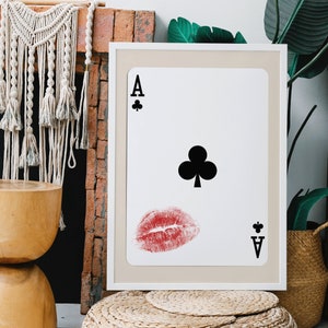 Ace of Clubs Poster – Black Poker Card with Red Kiss, Trendy Funky Wall Art, Dorm Decor, Iconographic Print, Digital Download