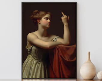 Middle Finger Woman Print | Funny Vintage Portrait Wall Art | Altered Oil Painting Poster | Eclectic Digital Download Gift