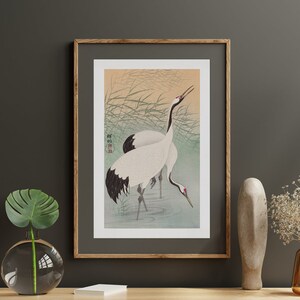 Vintage Two Cranes by Ohara Koson, Traditional Japanese Birds with Flowers Art, Quality Art Exhibition Poster, Wall Art Decor, Digital File