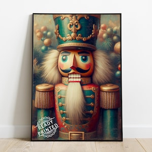 Stampa a olio vintage "Schiaccianoci di Natale" già pronta, cartolina natalizia, decorazione da parete, arte invernale, decorazione stagionale, poster colorato.