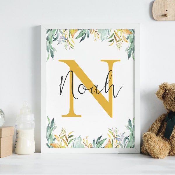 Custom Yellow Initial Print, Nursery Print, Personalized Initial name print, Letter Print Wall Art, Name Monogram, Name Sign, Baby Birth