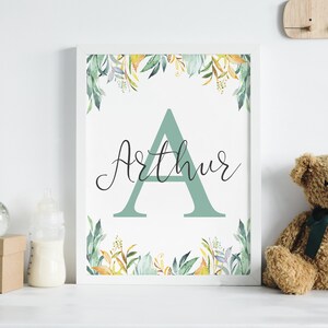 Impresión de inicial verde personalizada / Arte de pared personalizado para guardería / Póster con monograma de nombre / Decoración para regalo de nacimiento de bebé / Archivo de descarga digital