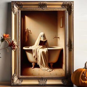 Duch czytający w wannie, wydruk, Dark Academia, gotycki upiorny, sztuka ścienna w akademiku, portret w gotyckiej wannie w stylu vintage, zabawny Halloween, plik cyfrowy