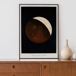 May include: A black and white vintage illustration of a partial eclipse of the moon. The image is framed and hanging on a wall above a wooden cabinet.