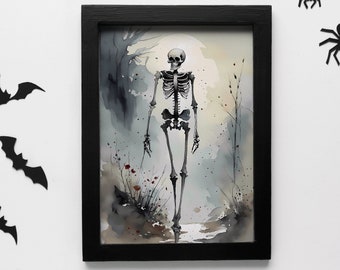 IMPRIMABLE Halloween art mural gothique squelette marchant sombre affiche universitaire horreur Art peinture décoration murale de mauvaise humeur classique téléchargement numérique