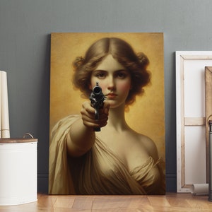 Frau mit Pistole Lustig Kunstdruck | Veränderte Vintage Porträt Wandkunst | Neoklassizistische Ölmalerei Stil | Digital Download Geschenk Poster