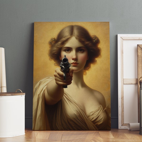 Woman with a Gun Funny Alternative Vintage Art Gift Alter Art Antique Neoclassical Oil Painting Eclectic Wall Art Print Digital Download