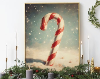 Christmas Vintage Candy Cane Printable Seasonal Wall Art Oil Painting Xmas Sweet Kitchen Art Vintage Snowy Winter Decoration Digital File