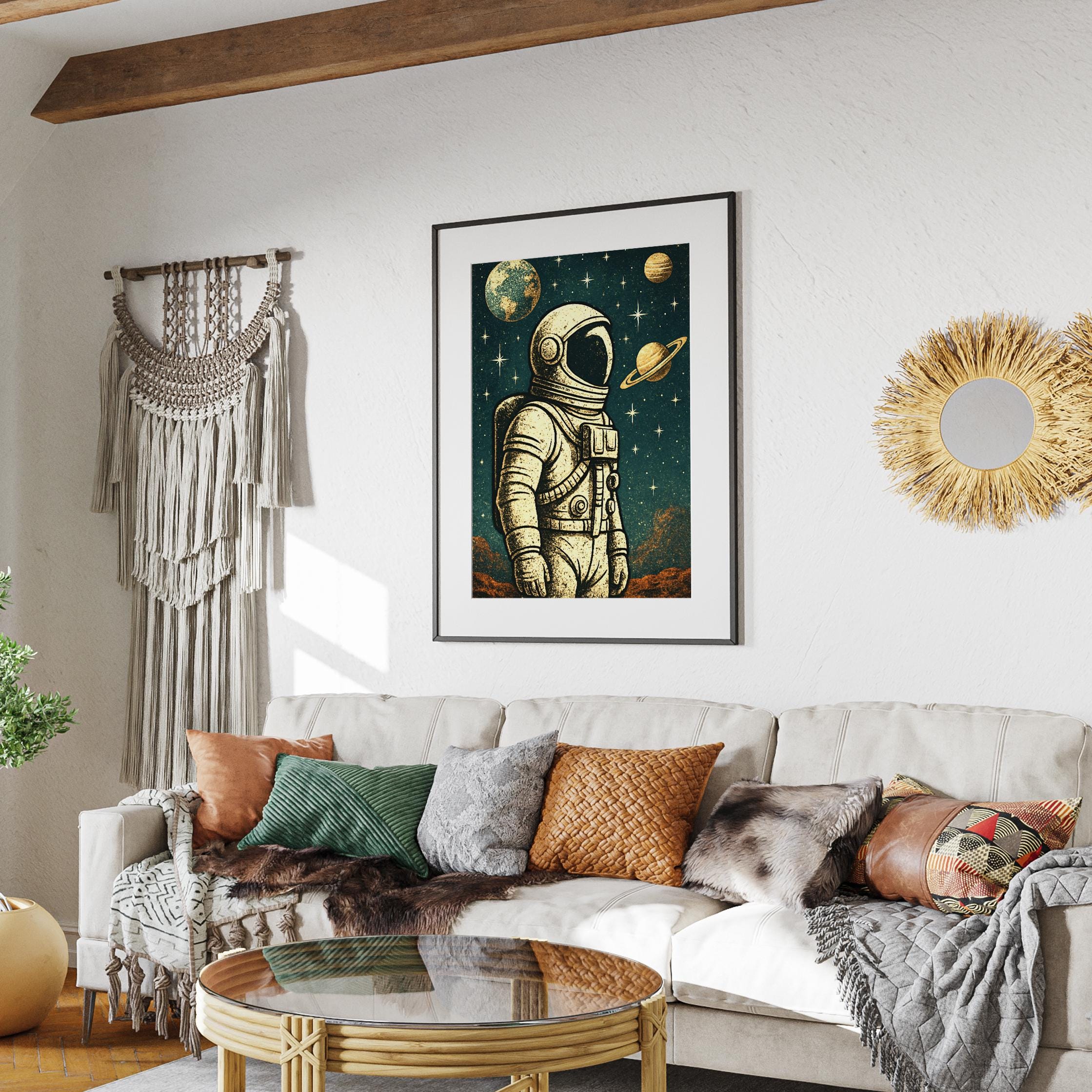 Cosmic Astronaut With Planets Print | Vintage Space Poster | Man in ...