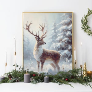 Christmas Cute Oil Painting Deer Stag Print Whimsical Wall Hanging Xmas Art Decor Snowy Season Woodland Winter Decoration Digital Download