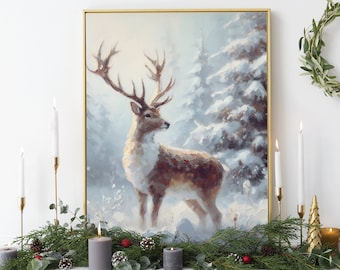 Pintura al óleo navideña con diseño de ciervo, ideal para colgar en la pared, decoración navideña, temporada de nieve, bosque, invierno, descarga digital