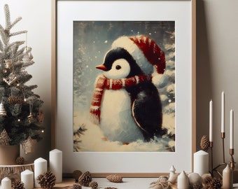 Cute Christmas Baby Penguin Oil Painting Wall Art Poster Xmas Art Decor Snowy Wall Hanging Season Winter Decor Print Digital File