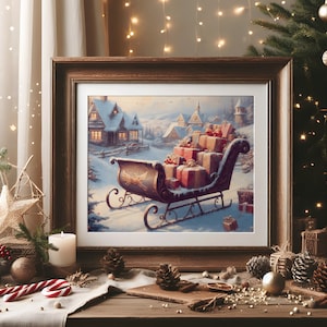 Vintage kerstmis kerstman slee met cadeautjes olieverfschilderij afdrukken Home decor kunst aan de muur kerstvakantie schilderij kunst winter decor digitaal bestand