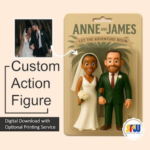 Diseño de figura de acción de boda personalizada a partir de tu foto, caja de juguete para pareja, regalo de aniversario, archivo digital (póster disponible a pedido)