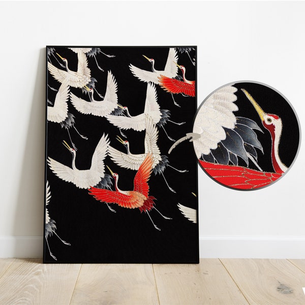 Traditional Japanese Flying Crane Bird Illustration Fabric Texture Wall Art Print Ukiyo-e Kimono Art Poster Digital Download
