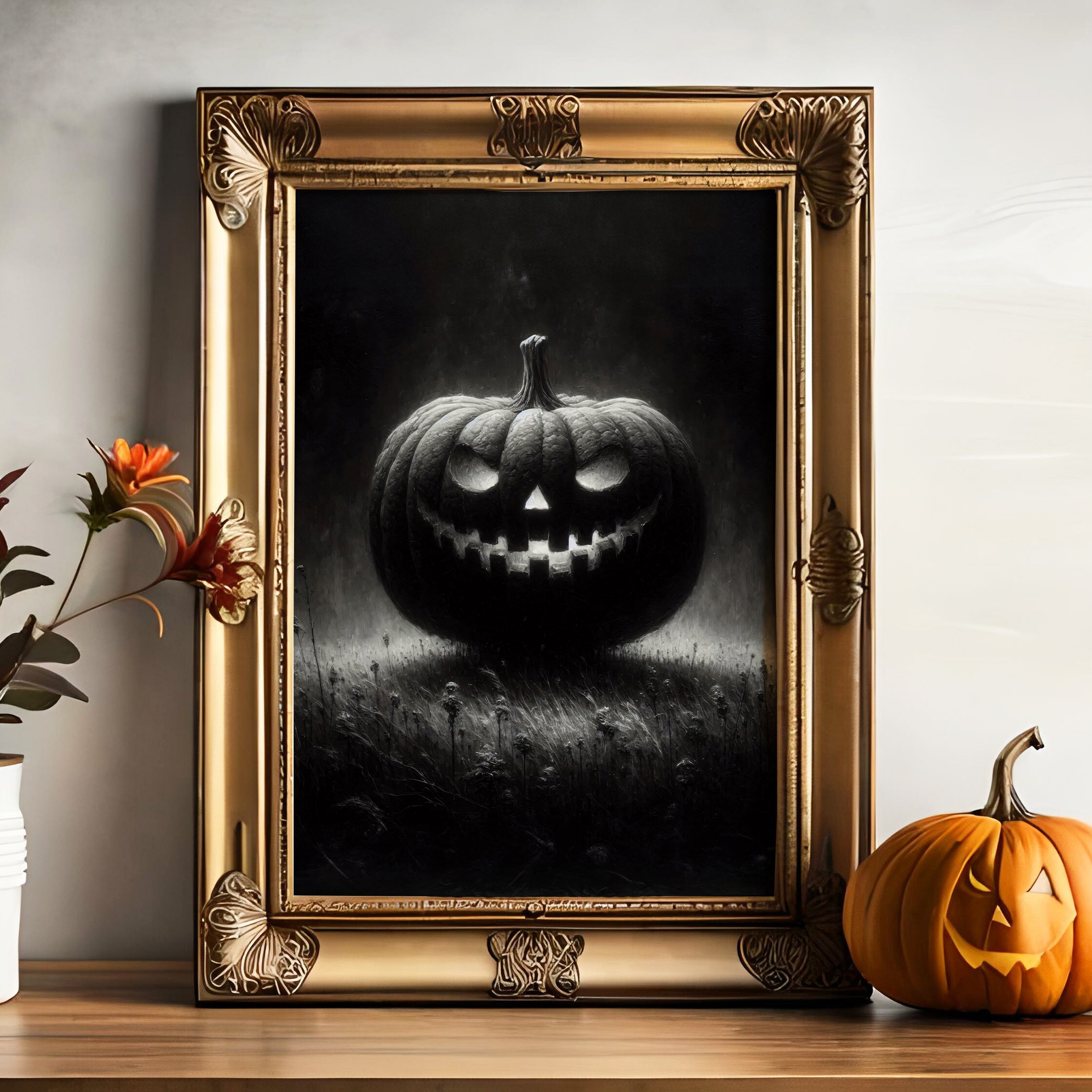 Creepy Jack O Lantern Halloween Black and White Poster Art Rustic Moody ...