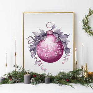 Vintage Pink Bauble Christmas Print Watercolor Art Winter Decorations Xmas Pink Ornaments Baubles Wall Art Poster Gift Digital Download