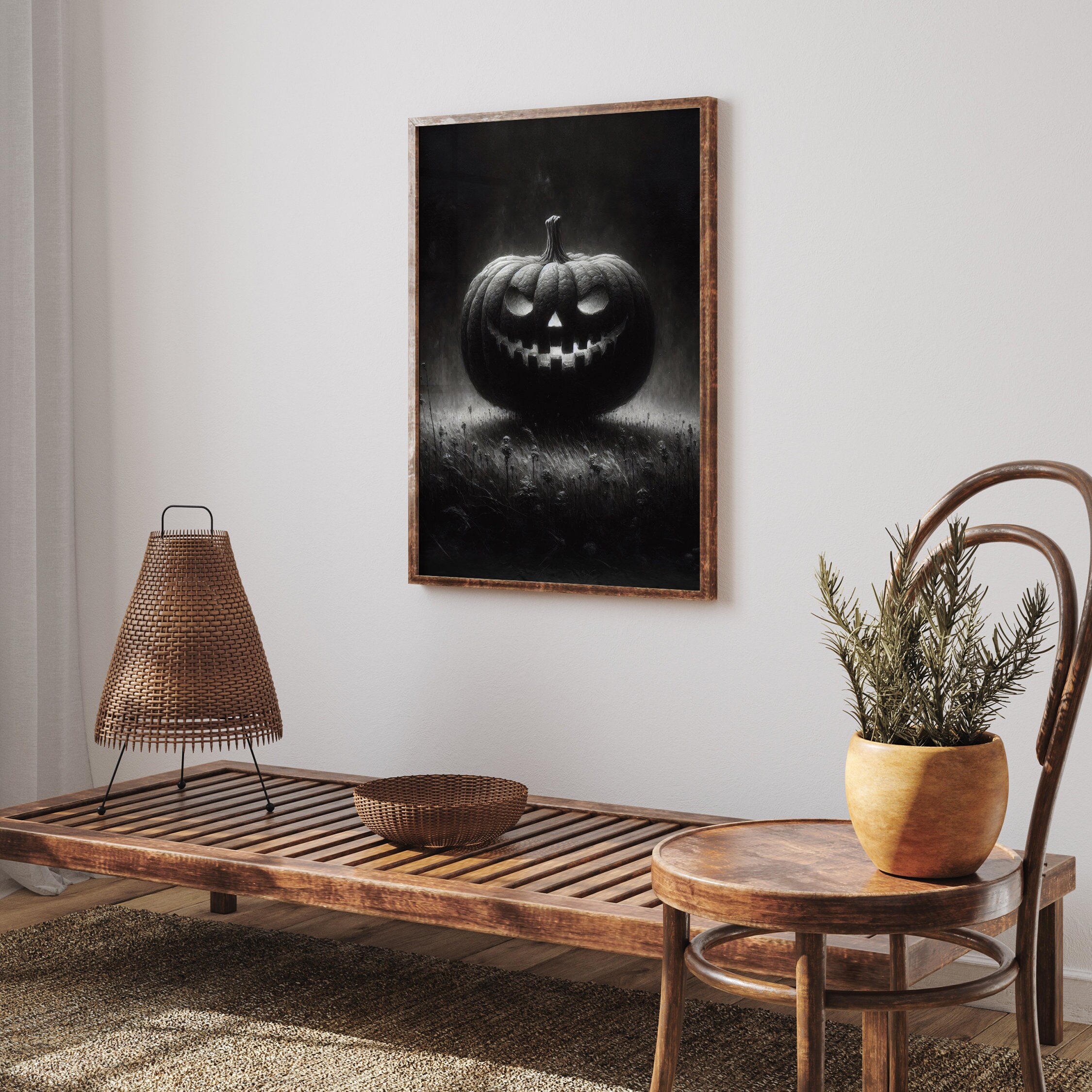 Creepy Jack O Lantern Halloween Black and White Poster Art Rustic Moody ...