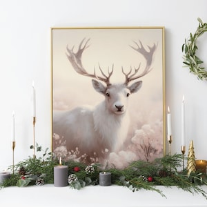 Cute Oil Painting Deer Stag Christmas Print Whimsical Wall Hanging Xmas Art Decor Snowy Season Woodland Winter Decoration Digital Download