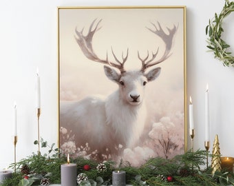 Bonita pintura al óleo de ciervo, impresión navideña, caprichosa, para colgar en la pared, decoración artística navideña, temporada de nieve, bosque, invierno, descarga digital