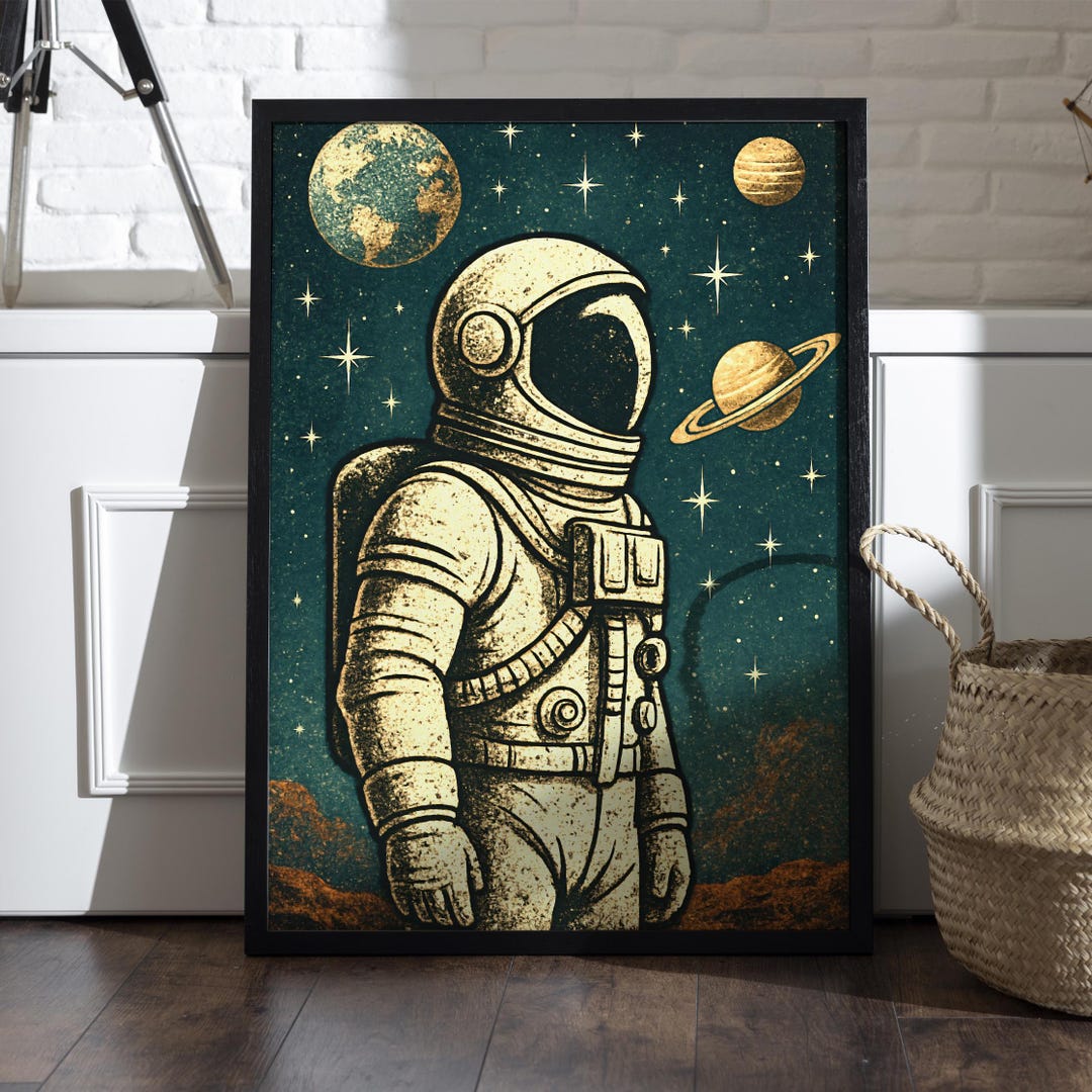 Astronaut Space Poster | Cosmic Planets Wall Art | Vintage Moon Decor ...