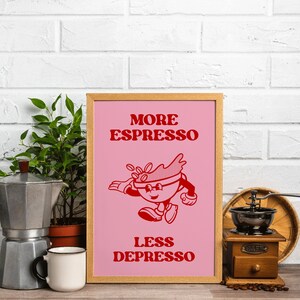 More Espresso Less Depresso – Retro Cartoon Coffee Poster, Funny Kitchen Wall Art, Trendy Bar Decor Print, Digital Download