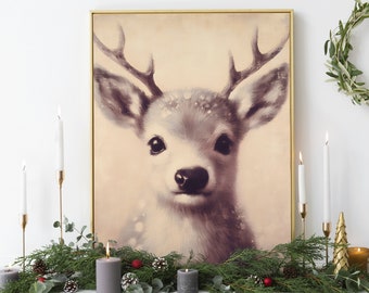 Pintura al óleo navideña con diseño de ciervo bebé, caprichosa, para colgar en la pared, decoración artística navideña para guardería, temporada de nieve, bosque, decoración invernal, archivo digital