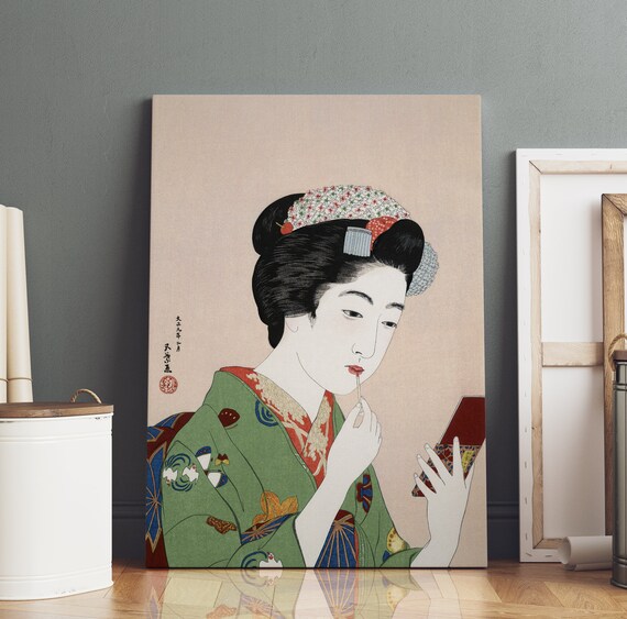 橋口五葉作「紅を塗る女性」、江戸時代のヴィンテージ浮世絵、日本の木