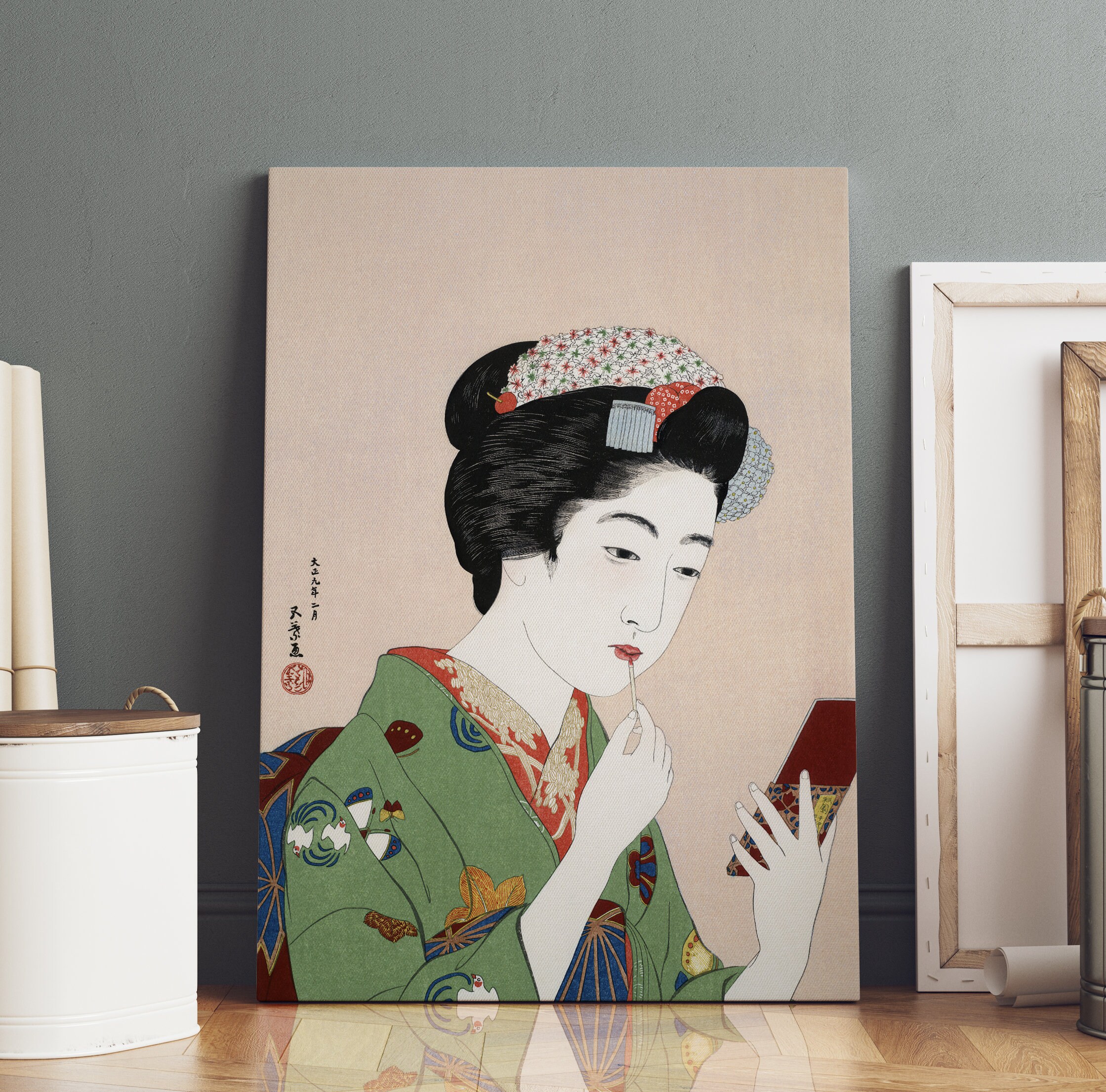 橋口五葉作「紅を塗る女性」、江戸時代のヴィンテージ浮世絵、日本の木