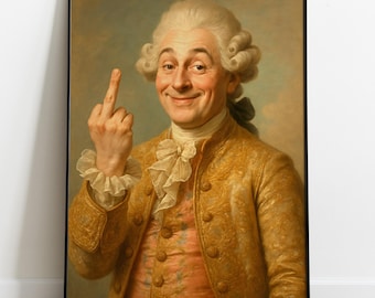 May include: Framed print of a historical portrait. The subject, a man in a gold jacket and powdered wig, smiles and gestures with his middle finger. The background is a soft, muted blue.