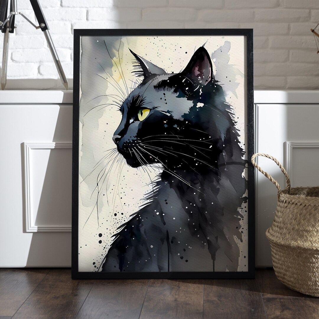 Black Cat Watercolor Print Home Seasonal Elegance Magic Wall Art Dark ...