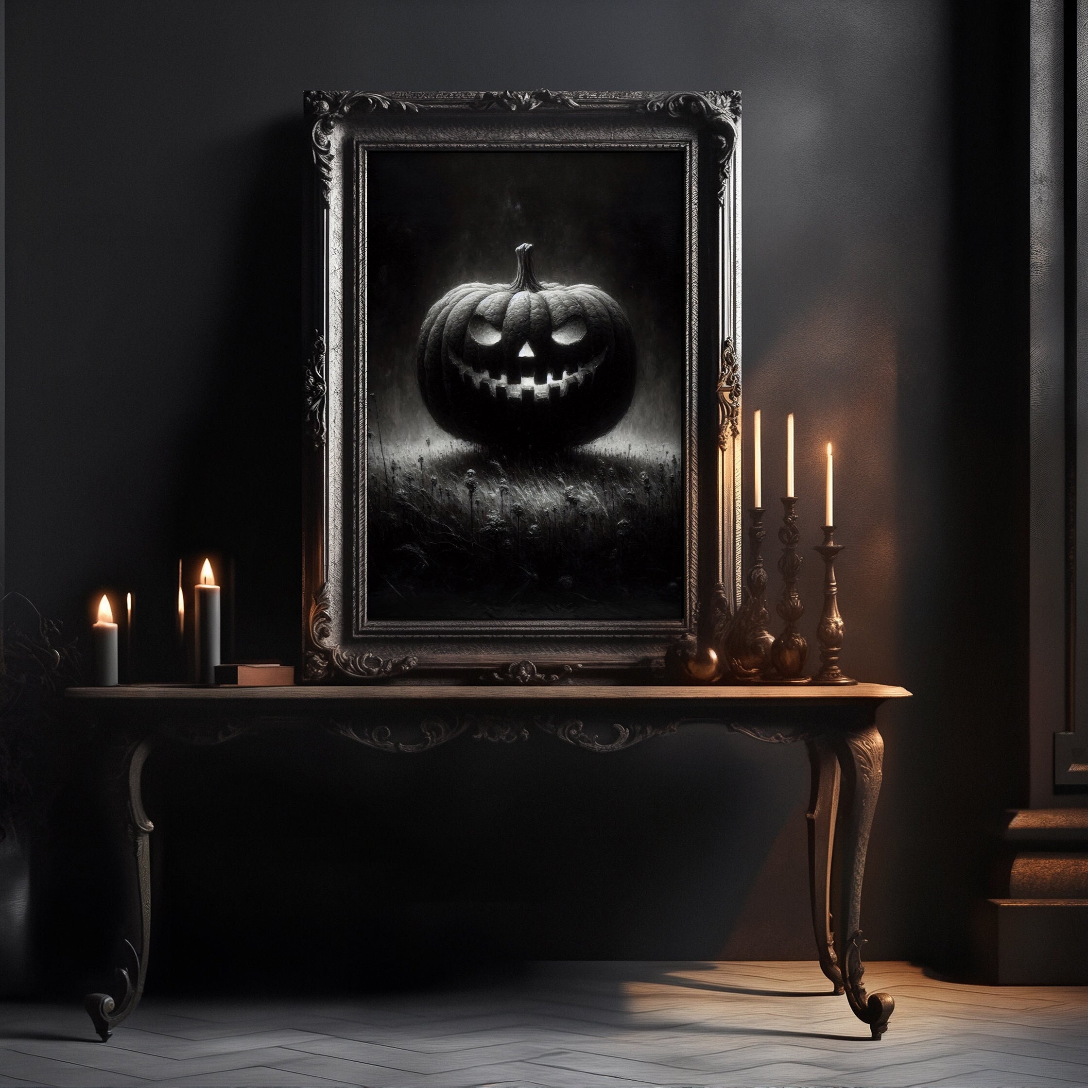 Creepy Jack O Lantern Halloween Black and White Poster Art Rustic Moody ...