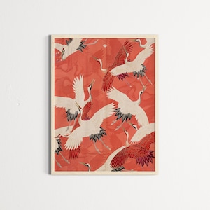 Kimono Fabric Print Red Crane Design Digital Download Japanese Inspired Wall Art Oriental Decor Instant Access Printable High Quality Art