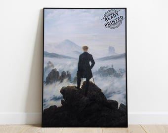 May include: A black and white painting of a man standing on a mountaintop overlooking a sea of clouds. The man is wearing a dark coat and hat, and he is holding a walking stick. The clouds are swirling and billowing, and the sky is a light gray.